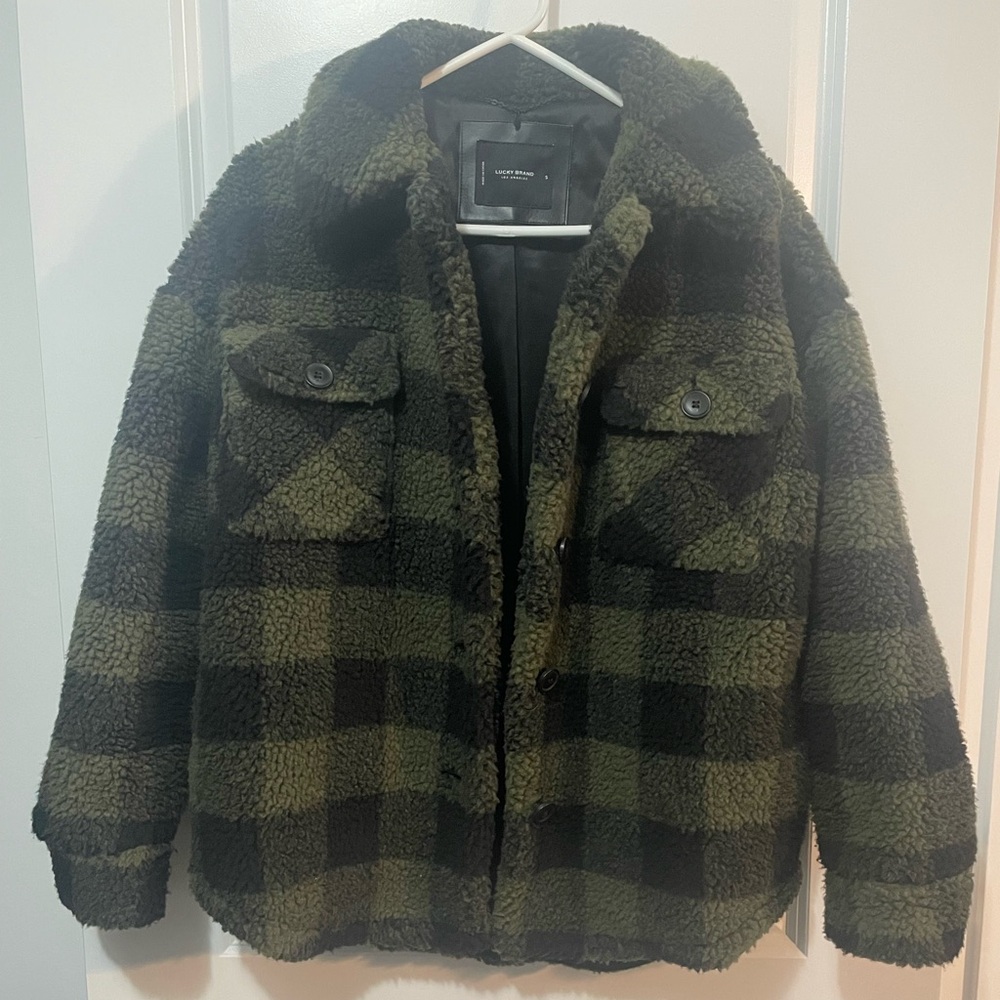 Lucky Brand Faux Fur Olive Green and Black Plaid Shacket Jacket Coat size S